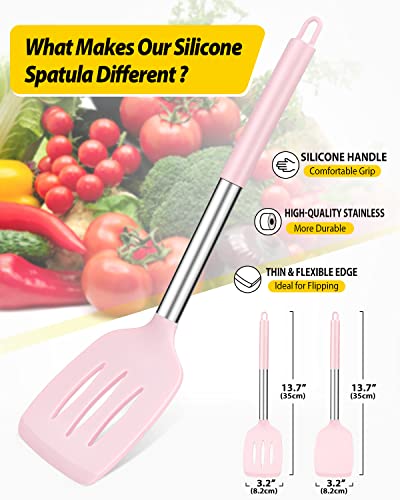 Pack of 2 Silicone Solid Turner, Non Stick Slotted Kitchen Spatulas, High Heat Resistant BPA Free Cooking Utensils, Ideal Cookware for Fish, Eggs, Pancakes(Pink) - color: Pink