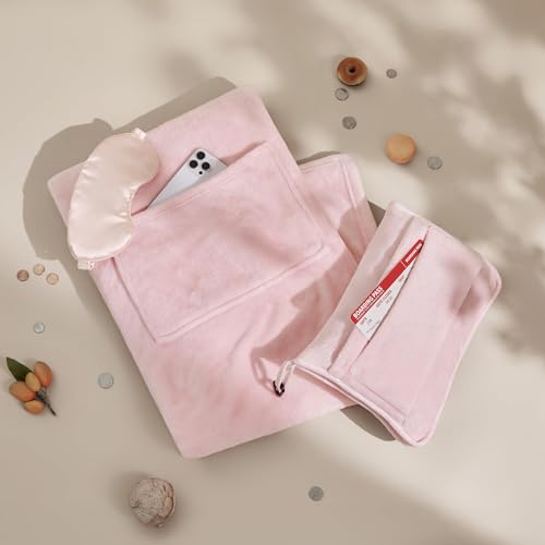 Bedsure Travel Blanket Airplane Compact with Storage Bag, Packable Blanket with Eye Mask, Lightweight 2-in-1 Travel Essentials, Functioned as Pillow for Airplane Comfort and Warmth, Pink - color: Pink