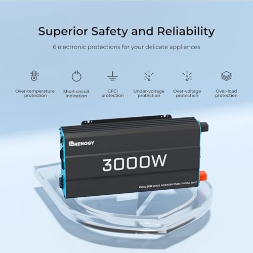 Renogy Inverter P2 3000W Pure Sine Wave Inverter 12V DC to 120V AC Converter for Home, RV, Truck, Camping, Trailer, with Wired Remote Controller, Support Li, AGM, SLD, GEL, FLD Batteries - size: 3000W(No BT & ATS)