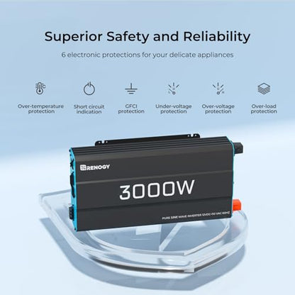 Renogy Inverter P2 3000W Pure Sine Wave Inverter 12V DC to 120V AC Converter for Home, RV, Truck, Camping, Trailer, with Wired Remote Controller, Support Li, AGM, SLD, GEL, FLD Batteries - size: 3000W(No BT & ATS)