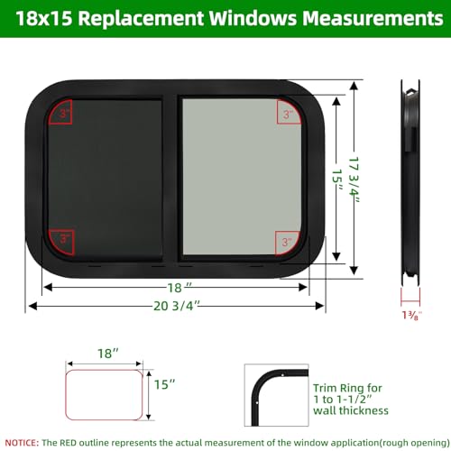 NOVINO Cargo Trailer Windows,18" Wx15 H RV Windows for Cargo Trailer/Camper/Travel Trailer with Trim Ring,Horizontal Sliding Replacement Fit 15/16" or 1-3/8" Thick Wall,Allow Error 1/16”,DOT Approved - size: 18"W x 15"H