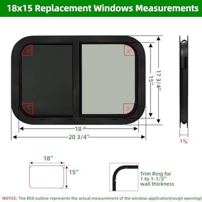 NOVINO Cargo Trailer Windows,18" Wx15 H RV Windows for Cargo Trailer/Camper/Travel Trailer with Trim Ring,Horizontal Sliding Replacement Fit 15/16" or 1-3/8" Thick Wall,Allow Error 1/16”,DOT Approved - size: 18"W x 15"H