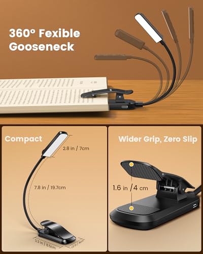 Glocusent 13 LED Reading Lights for Books in Bed, Eye-Caring Rechargeable Book Light 3 Amber Colors & Stepless Dimming, 120 Hrs Runtime, Travel Clip on Reading Lamp, Gifts for Book Lover Men Women Kid - color: Black