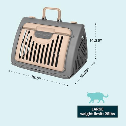 SportPet Designs Foldable Travel Cat Carrier - Front Door Plastic Collapsible Carrier, Gray and Tan, Medium (Pack of 1) - color: A) Large Carrier (Tan & Gray)