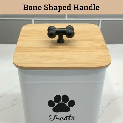Dog Treat Container Airtight - 6 Inch Wide x 8 Inch Tall Iron Dog Treat Jar for Kitchen Counter with Airtight Bamboo Lid - 12 Cup Capacity Pet Treat Container - Doggie Cookie Jar - Big Treats Canister - color: White