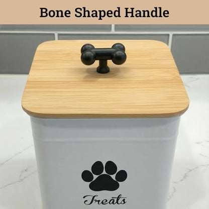 Dog Treat Container Airtight - 6 Inch Wide x 8 Inch Tall Iron Dog Treat Jar for Kitchen Counter with Airtight Bamboo Lid - 12 Cup Capacity Pet Treat Container - Doggie Cookie Jar - Big Treats Canister - color: White