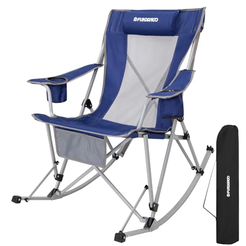FUNDANGO Rocking Camping Chair, High Mesh Back Portable Folding Camp Chairs with Pillows, Cup Holder and Carry Bag for Lawn Patio Garden Outdoor Supports 300 Lbs (Blue/Grey) - color: Blue Rocklite-1 Pack