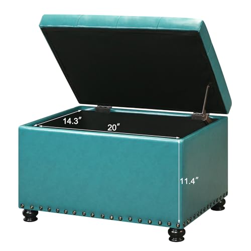 Ottoman with Storage,24" Leater Ottoman Foot Rest with Hinged Lid Small Rectangle Upholstered Tufted Foot Stools Ottomans for Bedroom Living Room Entryway,Teal Blue - color: Teal Blue