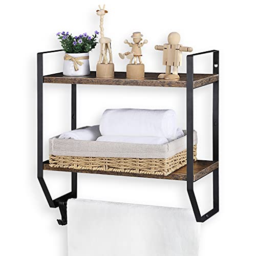 OYEAL Bathroom Shelf with Towel Bar Wall Mounted Towel Rack Rustic Towel Shelf for Bathroom with 5 Hooks, 2 Tier Shelf Storage Organizer for Living Room, Kitchen, Bedroom, Rustic Brown - color: Rustic Brown