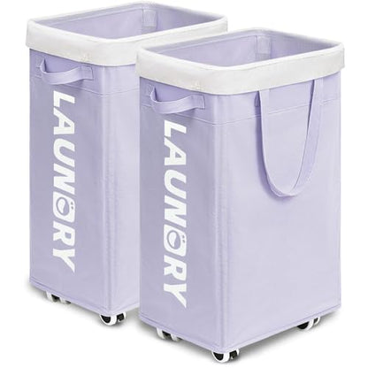 Goodpick Laundry Basket with Wheels 2-Pack, 75L Collapsible Laundry Baskets with Removable Wash Bag, Clothes Laundry Hamper on Wheels, Light Purple - color: Light Purple 2-Pack