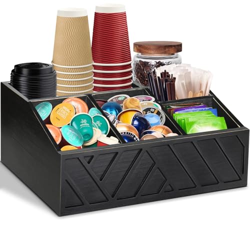 Coffee Station Organizer for Counter, Wood Coffee Pods Holder Storage Basket, Tea Condiment Storage Organizer, Rustic Bar Decor for Accessories Organizer - color: Black-large