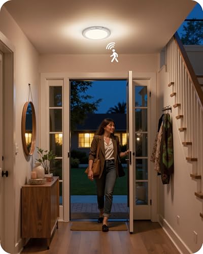 Rechargeable Motion Sensor Ceiling Light with Remote, Wireless Ceiling Light Battery Operated, No Wiring, Magnetic, Dimmable Shower Light, Timer, 3 Color 6000K, Rechargeable Light for Closet Hallway - style: 3 Color Temperatures