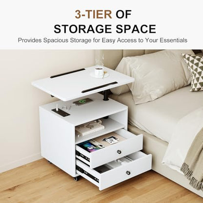 Bedroom Nightstand with Drawers & Charging Station, Adjustable Height Bedside Table with Wheels, Wooden Small Sofa Side Tables with Storage for Living Room, White - color: [A3] White