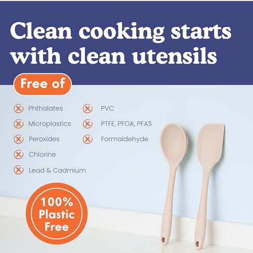 Non-Toxic Platinum Silicone Kitchen Utensil Set of 2 – Non-Scratch Cooking Spoon & Spatula, 100% Plastic Free, Stainless Steel Core, Heat Resistant 500°F, Beige