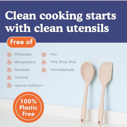 Non-Toxic Platinum Silicone Kitchen Utensil Set of 2 – Non-Scratch Cooking Spoon & Spatula, 100% Plastic Free, Stainless Steel Core, Heat Resistant 500°F, Beige