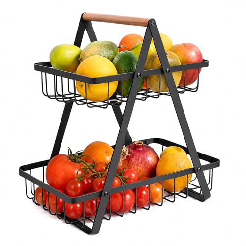 mahueeol 2-Tier Countertop Fruit Basket, Detachable Metal Rectangular Fruit Bowl with Portable Wooden Handle, Multi-Purpose Storage Organizer for Kitchen, Dining Room, Fruits,Vegetables,Bread & Snacks - color: Black
