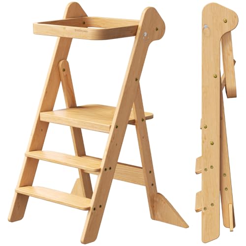 COSYLAND Foldi Foldable Toddler Kitchen Stool - Adjustable Height Toddler Standing Tower with Net & Safety Feet, IF Award-Winning Wooden Learning Step Tower for Kids Ages 18M-6Y, Natural - color: Natural