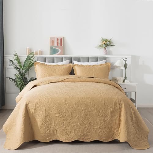 HoneiLife Queen Quilt Bedding Set - 3 Piece Microfiber Quilt Sets Lightweight Bedspreads Reversible Coverlets Retro Bed Cover Paisley Pattern Bedding Set All Season Quilts-Yellow - color: Dusty Yellow, size: Queen/Full-90"x96"