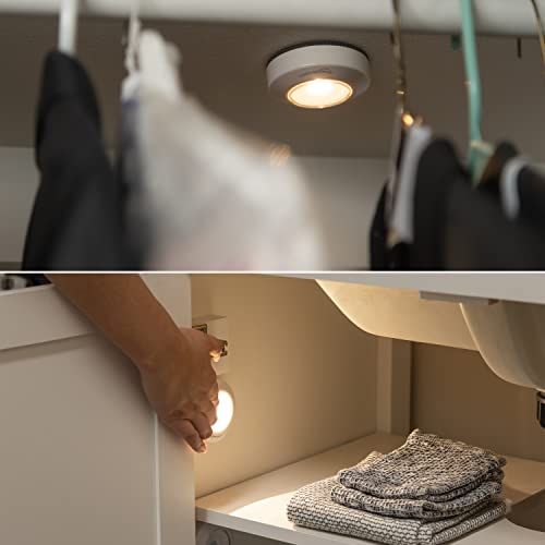 Amazon Basics LED Puck Lights, Battery Operated, 50 Lumens, Under Cabinet Lighting, Easy to Install, Easy to Use, Adhesive Backing, 2-Pack, White - style: Puck Light