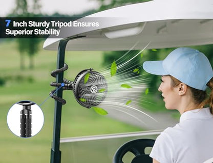 Rechargeable Golf Cart Fan Compatible with EZGO Club Car Yamaha Clip on Fan with Flexible Tripod, 360° Rotatable, 20Hrs Work, 3 Speed Battery Operated for Golf Cart Golf Palyer Summer Essential