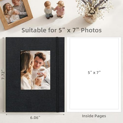 5x7 Photo Album, Slip In Fabric Cover Scrapbook with Front Window, Holds 52 Photos (26 Pockets), for Baby, Wedding, Travel, Black - color: Black, size: 26 Pockets