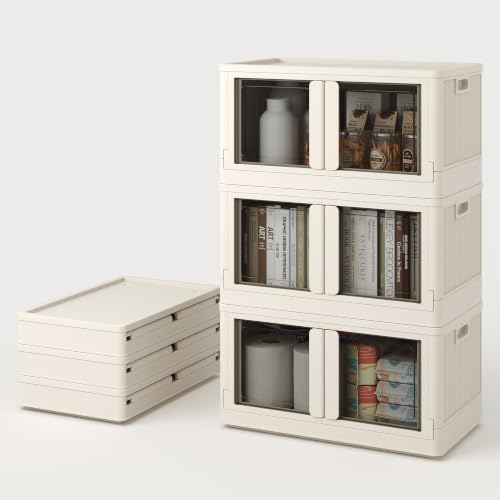 FLEXIMOUNTS 228 QT Stackable Storage Bins With Lids, Collapsible Plastic Storage Bins With Doors and Built-in Wheels For Home Dorm Organizers and Storage, 3 Pack Cubes, Milky White - color: Milky White, size: 76 Qt-3 Pack