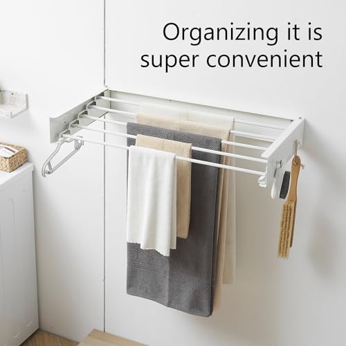 Clothes Drying Rack,Laundry Hanging Rack Collapsible,Wall Mounted Drying Rack for Laundry,Foldable Drying Rack Indoor Outdoor,31.5" Wide,5 Aluminum Rods with Hooks, 60 lb Capacity (White 31.5" Hooks) - size: 31.5 Inch with hooks