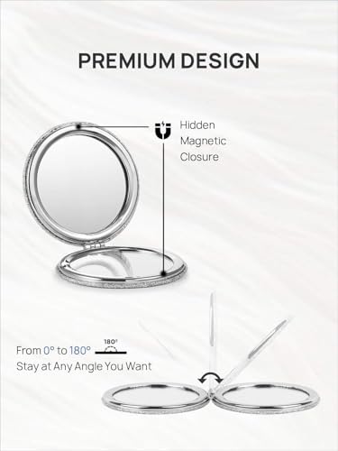 OMIRO 1X/10X Magnifying Compact Mirror with PU Leather, Ultra-Portable for Purses and Travel, Round Silver - color: Silver