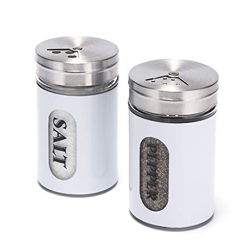 Salt and Pepper Shakers Stainless Steel and Glass Set with Adjustable Pour Holes - color: Stainless Steel,White
