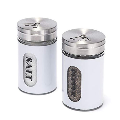 Salt and Pepper Shakers Stainless Steel and Glass Set with Adjustable Pour Holes - color: Stainless Steel,White