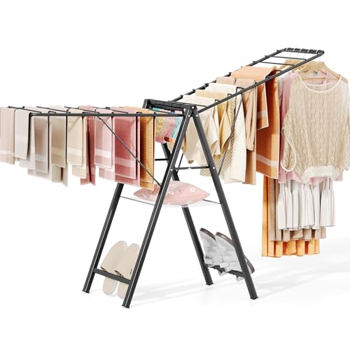 APEXCHASER Foldable Clothes Drying Rack, Metal Laundry Drying Rack Collapsible, Ultra Thin Clothes Rack for Sweater Bra Towel for Indoor & Outdoor Use, Height Adjustable Gullwing Clothes Airer, Black - color: Black