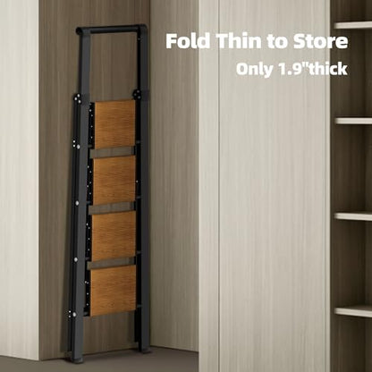 HillhutApex Step Ladder, Aluminum Lightweight Folding 4 Step Stool with Anti-Slip Wide Pedal, 330lbs Capacity Steel Ladder for Household and Office - color: Black&woodgrain, size: 4 Step With Handrail