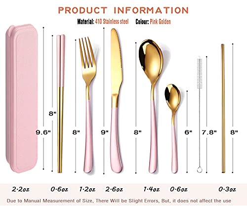 AARAINBOW 7 Pieces Stainless Steel Flatware Set Portable Reusable Cutlery Set Travel Utensils Set Including Chopsticks Knife Fork Spoon Straws Cleaning Brush Dishwasher Safe (7 Pink Golden) - color: 7 Pink Golden