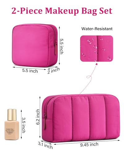 oscaurt 2 Pcs Makeup Bag Travel Toiletry Bag for Women Puffy Padded Cosmetic Pouch Purse Wide-open Makeup Organizer Case Travel Essentials - color: Rose-Set