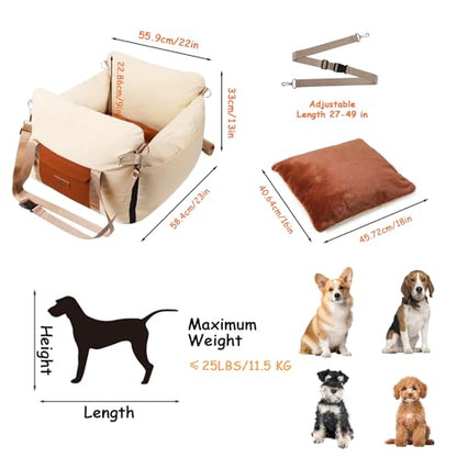 Dog Car Seats for Small Dogs, Waterproof Puppy Car Seat with Side Handles and Large Pockets, Clip-On Safety Leash and PP Cotton Filling, Pet Booster Seat for Small Dog up to 25lbs (Apricot) - color: Apricot