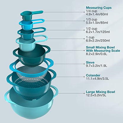 Mixing Bowls-Plastic Nesting Mixing Bowl Set of 8, Kitchen Gadgets for Apartments Space Saving, Including Measuring Cups Sifter Colander, Easy Storage Cooking Baking, Rv Camper Accessories, No BPA - color: Blue Cyan