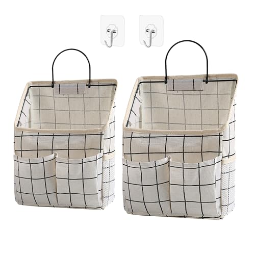 2 Pack Wall Hanging Storage Bags, Organizer with Pockets, Storage for Dormitory Bathroom Bedroom Kitchen (White Grid) - color: 2PCS White Grid