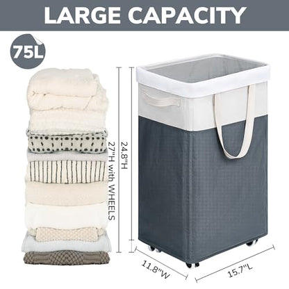Goodpick Laundry Basket with Wheels, 75L Laundry Hamper for Dirty Clothes, College Dorm Essentials, Clothes Hamper for Livng Room, Grey&White - color: Grey & White