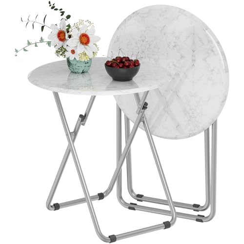 TV Tray Table, Round Folding Table, Foldable Snack Tray for Eating, Small Folding Table Set of 2, Dinner Table for Couch, Living Room, Small Space (White Marble, 2Pcs) - color: White Marble, size: 2pcs