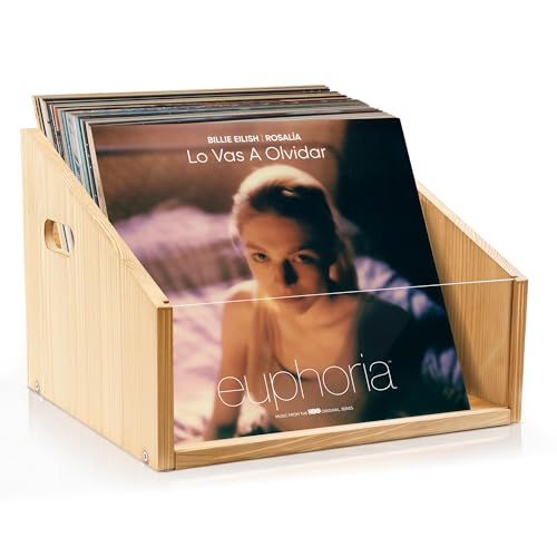 GRETJOB Vinyl Record Storage Crate - Wooden & Acrylic Record Storage Holds 70+ Records, Books, Files - Desktop & Home Office Storage with Handle (Nature wood color) - color: Nature wood color