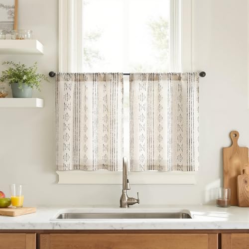 jinchan Boho Kitchen Curtains Linen Tier Curtains 20 Inch Bohemian Cafe Style Farmhouse Natural Striped Half Window Treatment for Bathroom RV Vintage Small Window 2 Panels Black on Beige - color: Boho Black on Beige, size: 26"W x 20"L (Pack of 2)