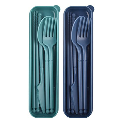 Portable Utensils Set with Case, 2 Sets Camping Travel Utensils Set, Plastic Cutlery Set for Lunch Camping School Picnic Workplace Travel (Blue+Green) - color: blue, green