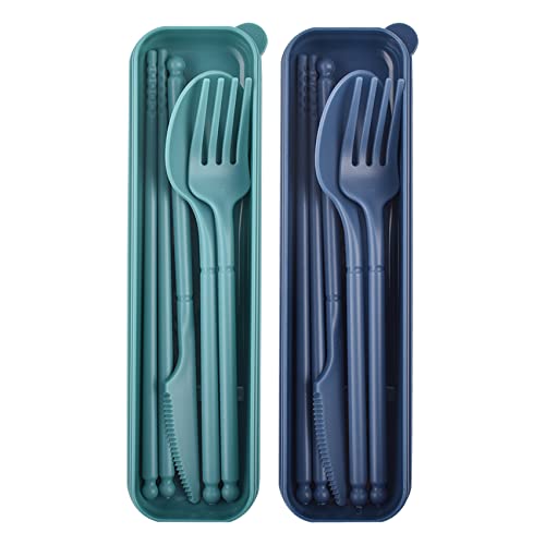 Portable Utensils Set with Case, 2 Sets Camping Travel Utensils Set, Plastic Cutlery Set for Lunch Camping School Picnic Workplace Travel (Blue+Green) - color: blue, green