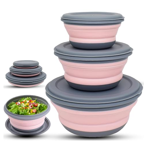 Collapsible Camping Bowl with Lid,3 Pack Silicone Salad Bowl Serving, Microwave Foldable Soup Ramen Serving for Travel, Picnic, Rv (Light Pink) - color: Light Pink