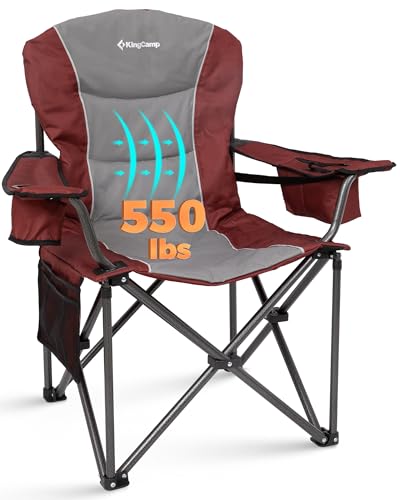 KingCamp Oversized Camping Chair with Adjustable Lumbar Support, 550lbs Heavy Duty Padded Folding Lawn Chair for Adults, Outdoor Armchair with Cooler Bag, Cup Holder & Side Pocket for Fishing, Travel - color: 1 Pack- Red/Mediumgrey