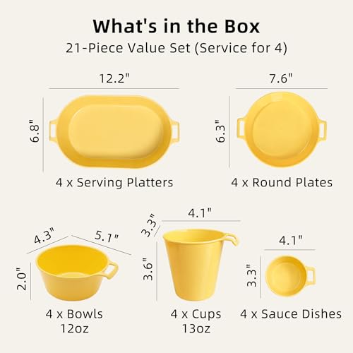 Dinnerware Set for 4, 21-Piece Unbreakable Plates and Bowls Set with Mesh Bag, Cups, Sauce Dishes and Serving Platters, Lightweight Outdoor Dish Set for Picnic, RV, Patio, BBQ, Mustard Yellow - color: Mustard Yellow