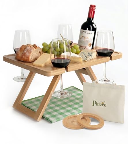 Portable Wine Picnic Table - Foldable Bamboo Snack Tray with Glass & Bottle Holders - Picnic Wine Set for Beach, Camping, Park - Gift for Wine Lovers
