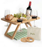 Portable Wine Picnic Table - Foldable Bamboo Snack Tray with Glass & Bottle Holders - Picnic Wine Set for Beach, Camping, Park - Gift for Wine Lovers