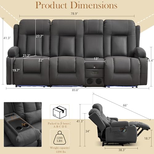 TUNYI Power Loveseat Recliner Sofa with Massage & Heat Home Theater Seating with Console RV Recliner Loveseat Sofa with USB/Storage/Side Pocket/LED Light/Speaker (Dark Grey) - color: Dark Grey, size: 3 Seat with console