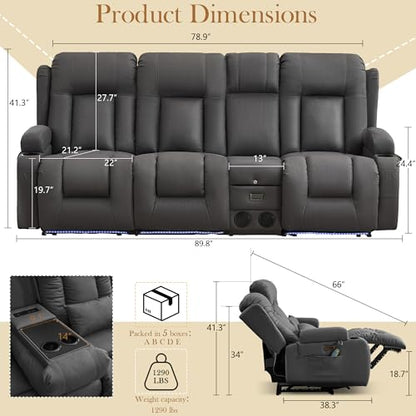 TUNYI Power Loveseat Recliner Sofa with Massage & Heat Home Theater Seating with Console RV Recliner Loveseat Sofa with USB/Storage/Side Pocket/LED Light/Speaker (Dark Grey) - color: Dark Grey, size: 3 Seat with console